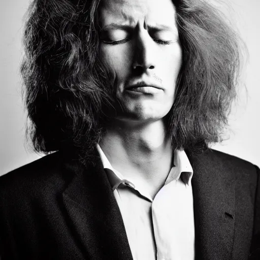 Prompt: portrait of a typical person with waist-length incredible hair by Richard Avedon, closed eyes, male, aquiline nose, nd4, 85mm, perfect location lighting