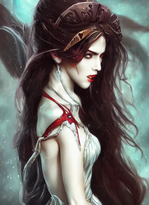 Image similar to three quarters portrait of a beautiful female vampire warrior, super powers, fantasy, intricate, elegant, highly detailed, digital painting, artstation, concept art, shining, sharp focus, illustration, art by stanley lau