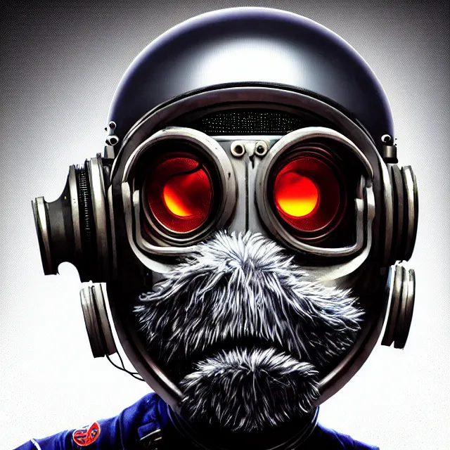 Image similar to a portrait of an anthropomorphic cyberpunk yeti in a motorcycle helmet working in his secret electronics lab, detailed render, tape deck, boombox, headphones, epic composition, cybernetics, 4 k realistic, cryengine, realistic shaded lighting, sharp focus, masterpiece, by matteo scalera, gary montalbano, peter elson in the style of the tokyo ghost comic