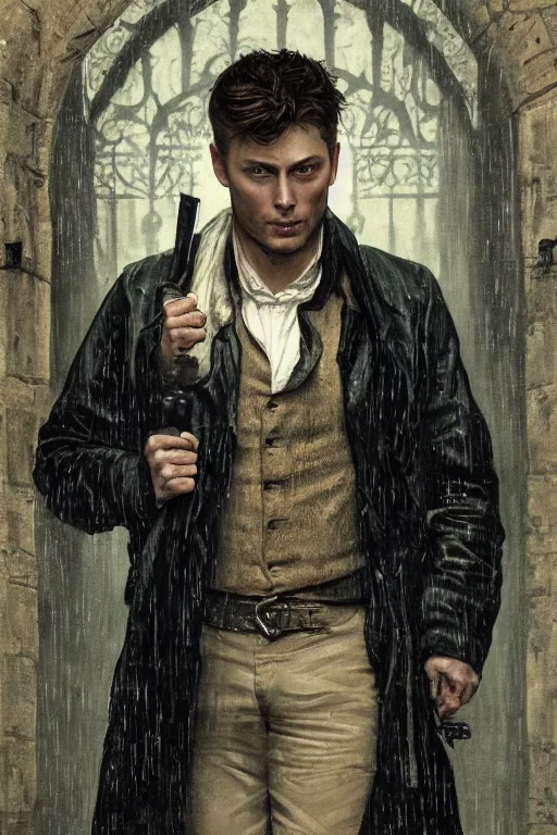 Prompt: a detailed matte portrait of dean winchester in a supernatural sherlock holmes story, 1 8 th century london in the rain, city streets, ominous, masterpiece, 8 k, art by alphonse mucha and greg rutkowski