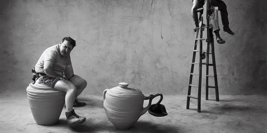 Image similar to johnny vegas sitting on top of a ladder making a giant clay teapot, art school, studio, photorealistic