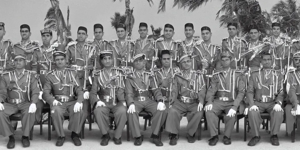 Prompt: saudi arabia military band in 1950s, old photograph