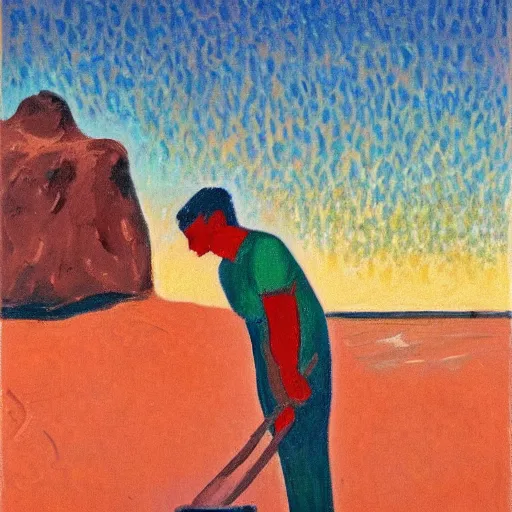 Prompt: a fauvist painting of a man deep in a hole on the beach, with a shovel, after sunset,