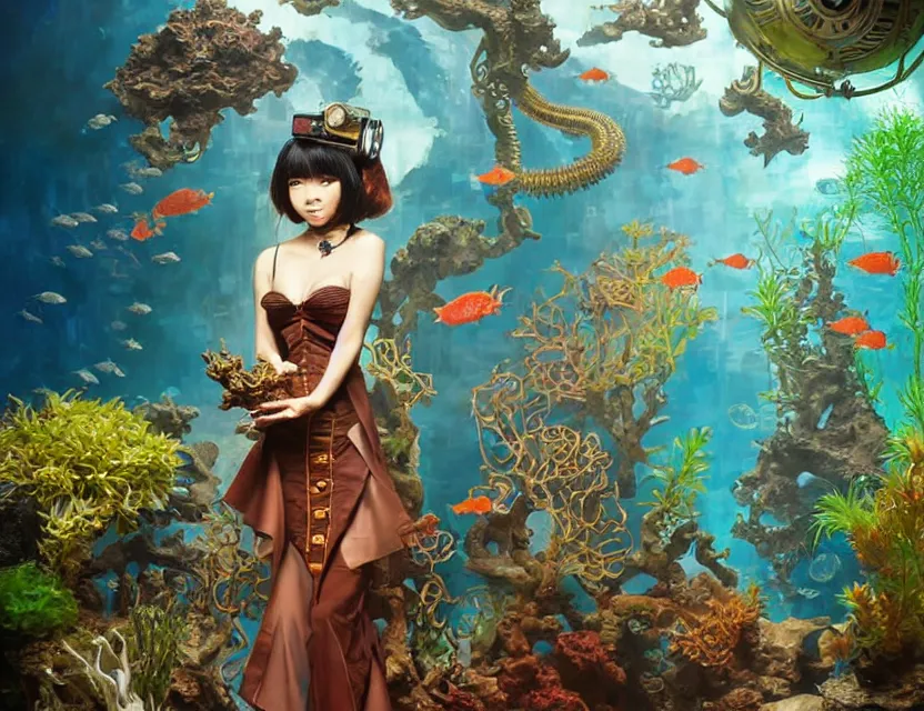 Prompt: southeast asian scifi alchemist in an aquascaped aquarium, wearing a lovely dress with steampunk details. this oil painting by the award - winning mangaka has an interesting color scheme and impeccable lighting.