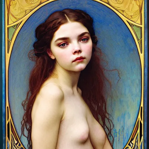 Image similar to detailed portrait art nouveau painting of the goddess of the moon, backlit, who resembles Anya Taylor Joy, Chloe Grace Moretz, and Emma Watson with anxious, piercing eyes, by Alphonse Mucha, Michael Whelan, William Adolphe Bouguereau, John Williams Waterhouse, and Donato Giancola