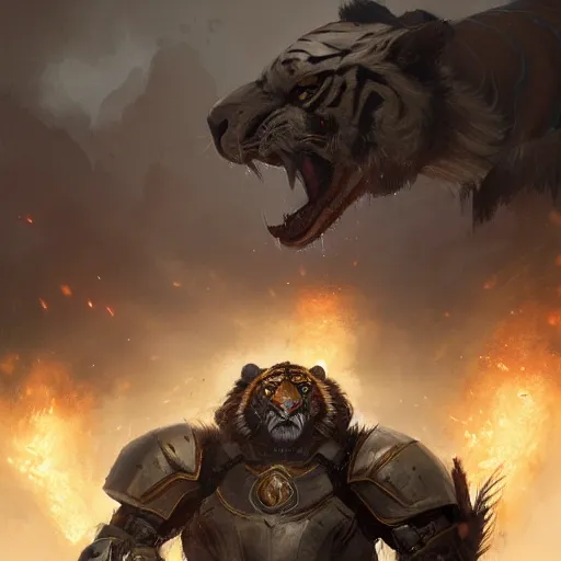 Prompt: commission portrait of a male anthro tiger wearing heavy combat armour.dramatic,character design by charles bowater,greg rutkowski,ross tran,hyperdetailed,hyperrealistic,4k,deviantart,artstation,professional photography,concept art