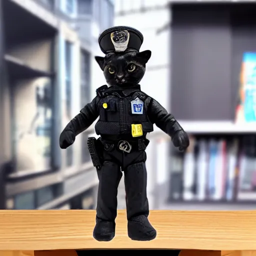 Image similar to action figure of police cat with accessories