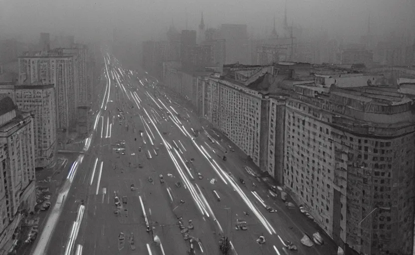 Image similar to high quality 2000s historic footage of soviet boulevard with stanilist style high rise and pedestrians, aerial photo night vision, Cinestill 800t 18mm, heavy grainy picture, very detailed, high quality, 4k panoramic, billboards and streetlight at night, rain, mud, foggy