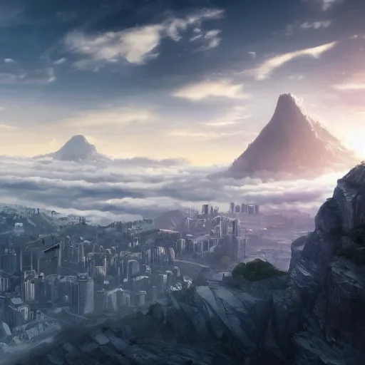 Image similar to grand scale. city built into a mountain peak, above the clouds, clouds below. beautiful. matte painting, artstation 4 k.