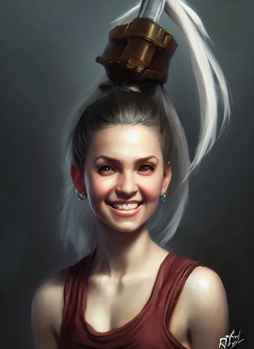 Image similar to a _ fantasy _ style _ portrait _ painting _ of white girl, dark ponytail hair, smiling, round face, rpg dnd oil _ painting _ unreal _ 5 _ daz. _ rpg _ portrait _ extremely _ detailed _ artgerm _ greg _ rutkowski _ greg