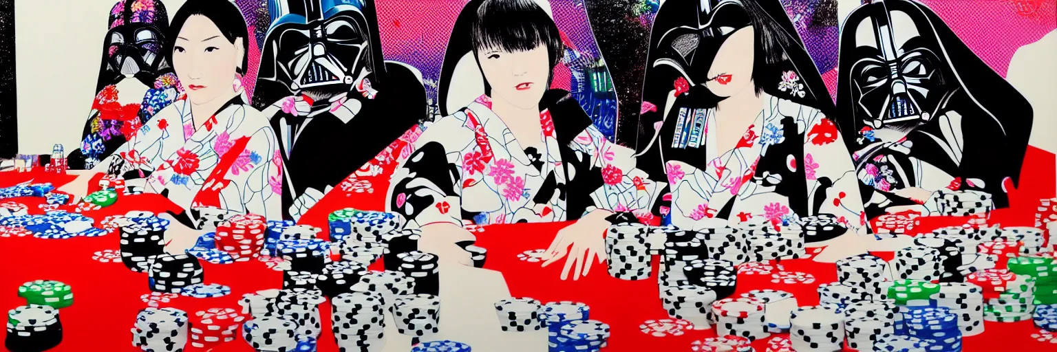 Image similar to hyperrealism composition of the detailed woman in a japanese kimono sitting at an extremely detailed poker table with darth vader and stormtrooper, fireworks on the background, pop - art style, jacky tsai style, andy warhol style, acrylic on canvas