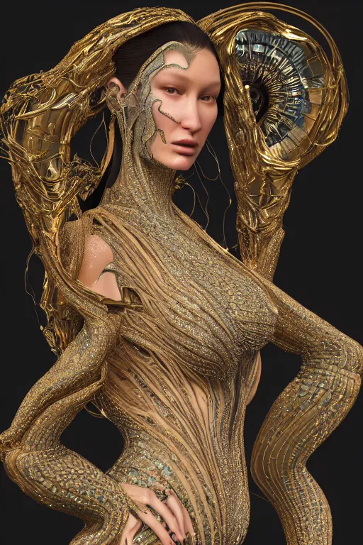 Prompt: a highly detailed portrait of a beautiful alien woman goddess bella hadid in iris van herpen dress in diamonds and fractals in style of alphonse mucha art nuvo dmt trending on artstation made in unreal engine 4