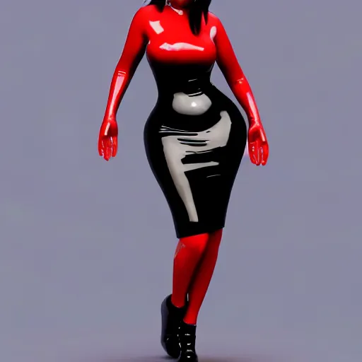 Image similar to a curvy pale goth goddess wearing an elegant modest tight shiny red-black striped latex high-neck dress, cgsociety, photorealistic, sublime-cool-hot-hyperadvanced, 16k, smooth, sharp focus, trending on ArtStation, volumetric lighting, fully clothed, thin waist