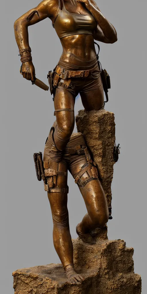 Prompt: detailed photo of an old bronze patina statue of beautiful lara croft, full body portrait, photorealism, various poses, intricate detail, museum diffuse lighting