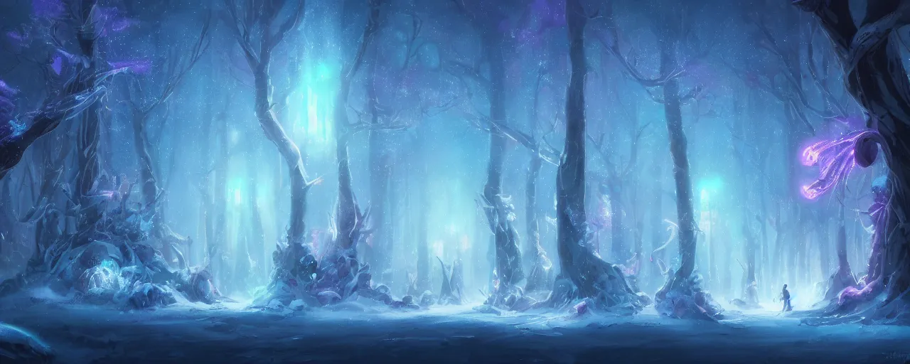 Prompt: beautiful concept art of a magical lights glowing with different colours everywhere in the centre of blizzard in an enchanted beautiful forest painted by Daisuke Tsutsumi, fantasy art, disney art illustration, trending on artstation, cgsociety, nice composition, great fantasy mood