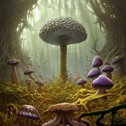 Image similar to a beautiful hyper realistic detailed concept art of a fractal eldritch and creepy mushroom forest with morels at foreground and amanitas and puffballs and psilocybes and spores on several floors by andreas rocha and john howe and dan mumford and albert bierstadt, nausicaa, ultrawide angle, artstation, pinterest