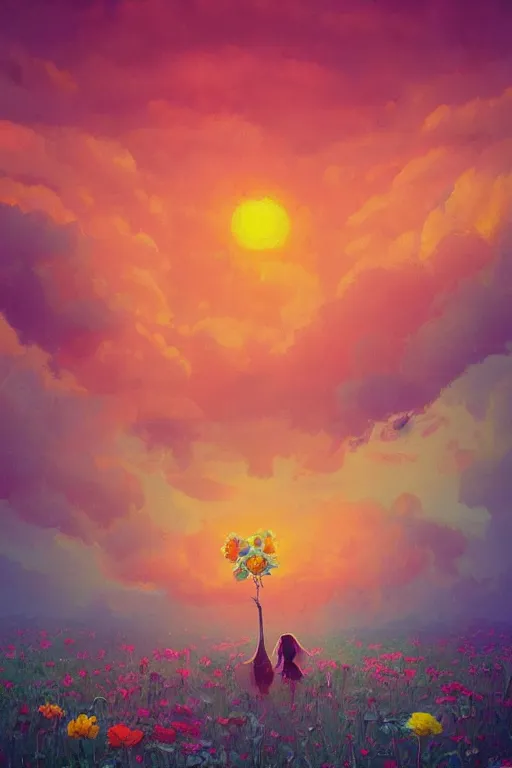 Prompt: closeup, giant flower as a head, girl surrounded by djungle, surreal photography, sunrise light, colorful clouds, impressionist painting, digital painting, artstation, simon stalenhag