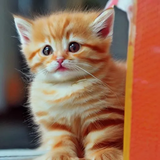 Image similar to cute fluffy orange tabby kitten with a sign that says