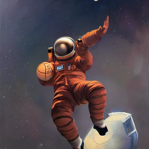 Prompt: An astronaut playing basketball in space, oil on canvas by Frank Frazetta, artstation, digital art, WLOP, Mandy Jurgens