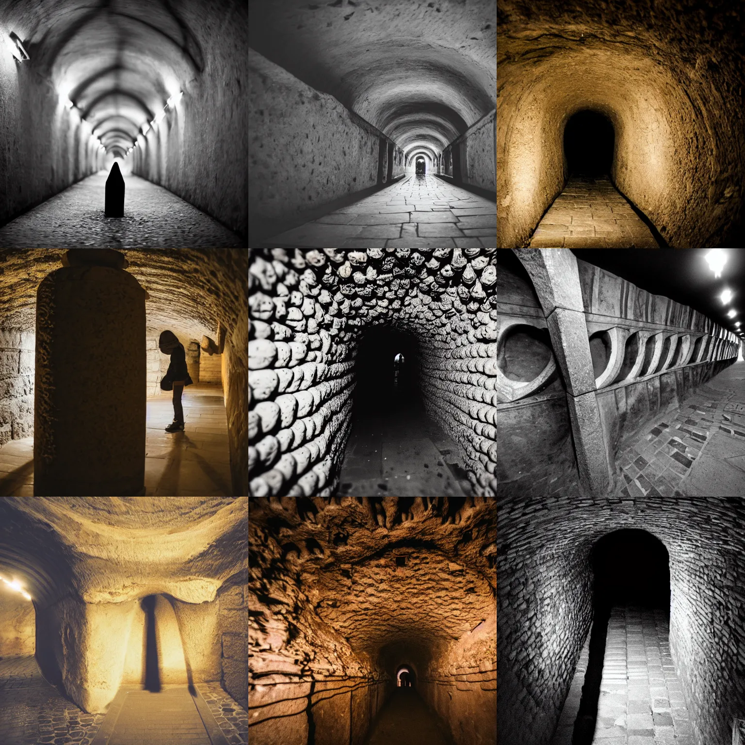 Prompt: travel photography, the catacombs of paris, creepy, motion blur, silhouette, depth of field, bokeh