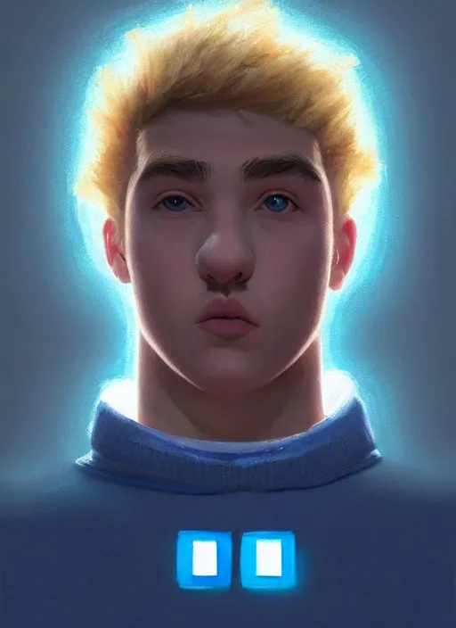 Image similar to portrait of high school senior boy named big moose, blonde short hair, jock, beefy, wide face, square jaw, square facial structure, blue varsity jacket with letter r, intricate, elegant, glowing lights, highly detailed, digital painting, artstation, concept art, sharp focus, illustration, art by wlop, mars ravelo and greg rutkowski