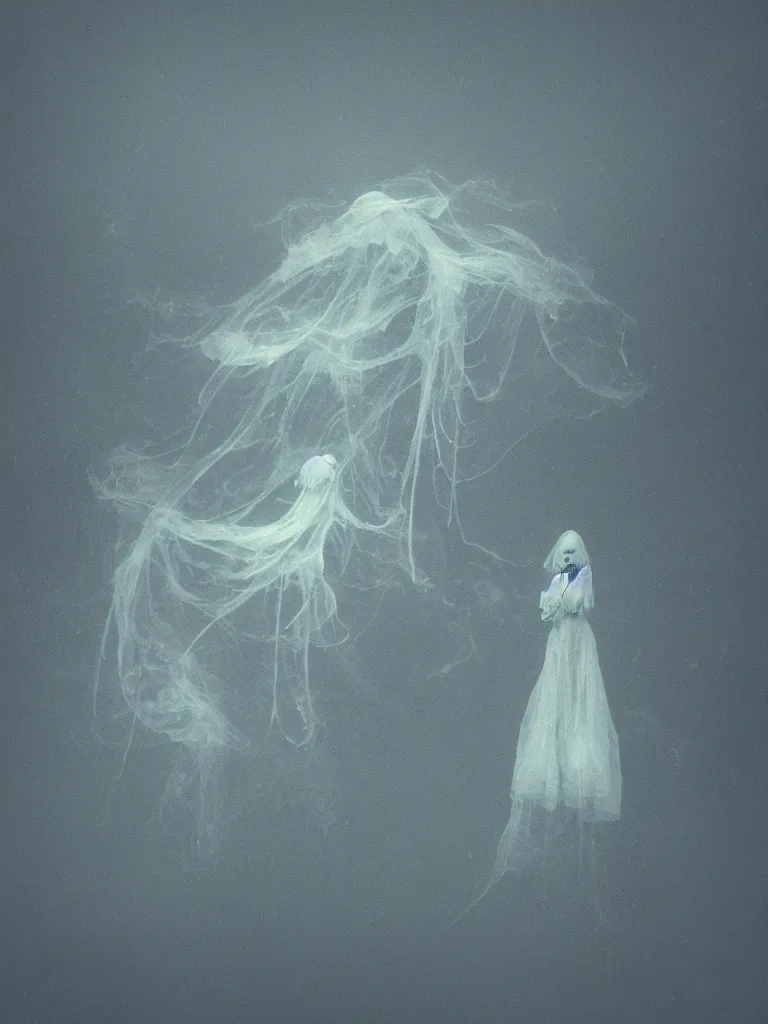 Prompt: cute fumo plush beautiful ectoplasmic gothic skeletal jellyfish ghost girl, glowing milky wisps of hazy smoke and volumetric fog on a stormy reflective river in the rain, heavy rainstorm, lens flare, subsurface scattering, vignette, asymmetry, bokeh, refraction, vray