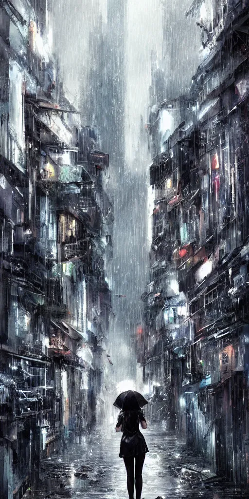 Prompt: a concept art landscape of a woman in the foreground, back to camera, standing in a claustrophobic alley of seedy futuristic city, standing in the rain with an umbrella, wet, emphasis on tall buildings, dirty, low angle