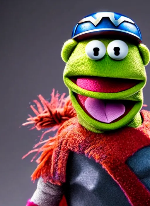 Image similar to studio portrait still of muppet!!!!! thor!!!!!! from avengers infinity war with hammer as a muppet muppet as a muppet, 8 k, studio lighting, key light,