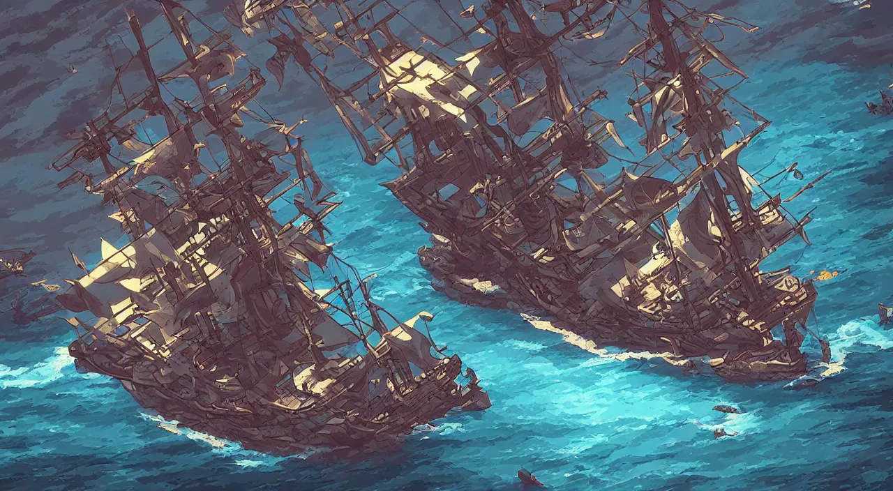 Image similar to Pixelart of a ghost pirate ship with a Jolly Roger flag, volumetric lighting, digital pixel art, pixiv, by Aenami