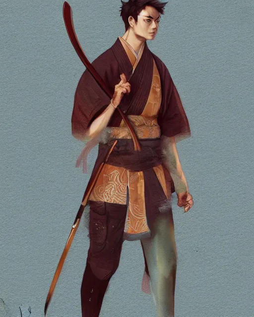 Image similar to An athletic man with fox ears and a katana wearing a kimono, portrait, visualartzi, Japanese, concept art by Karla Ortiz, James Paick, Charlie Bowater, Krenz Cushart, highly detailed, ultra detailed, ultra realistic, trending on artstation, cgstudio