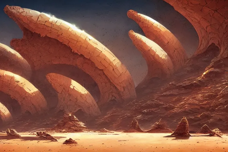 Image similar to a mysterious alien desert landscape with giant fractal shell buildings by James gurney and Greg rutkowski, artstation, concept art