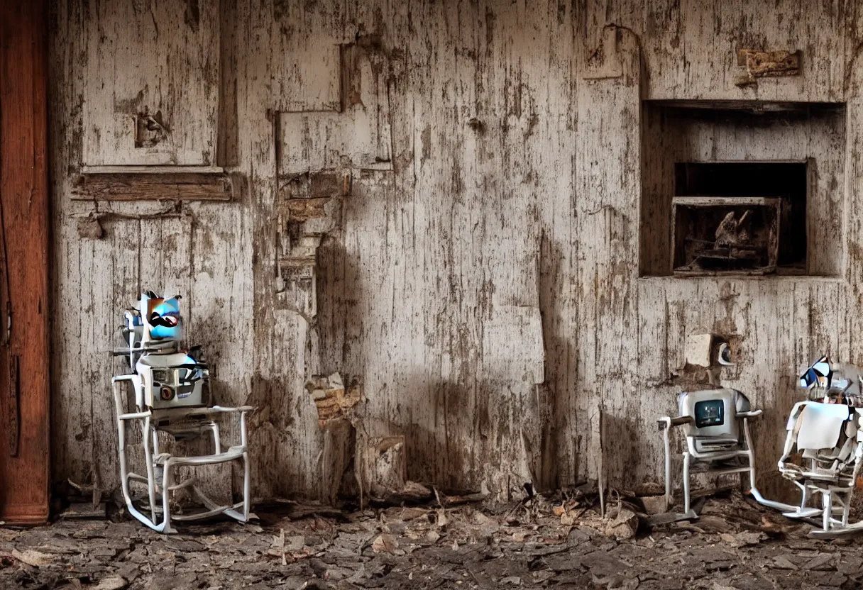 Prompt: A lonely robot sitting on a aged wooden rocking chair in front of a single beautiful fireplace in a dilapidated Victorian home