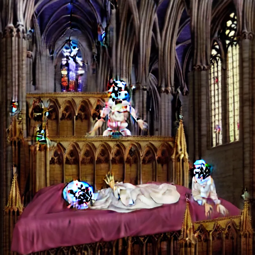 Prompt: a child sitting in a bed, screaming. the bed is inside a gothic cathedral. under the bed is a hideous laughing demon dressed as a catholic priest. religious symbols, digital art, hyperrealistic nightmare, terrifying, supernatural, highly detailed, creepy