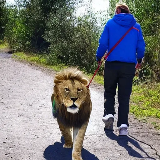 Prompt: a human taking his pet lion for a walk