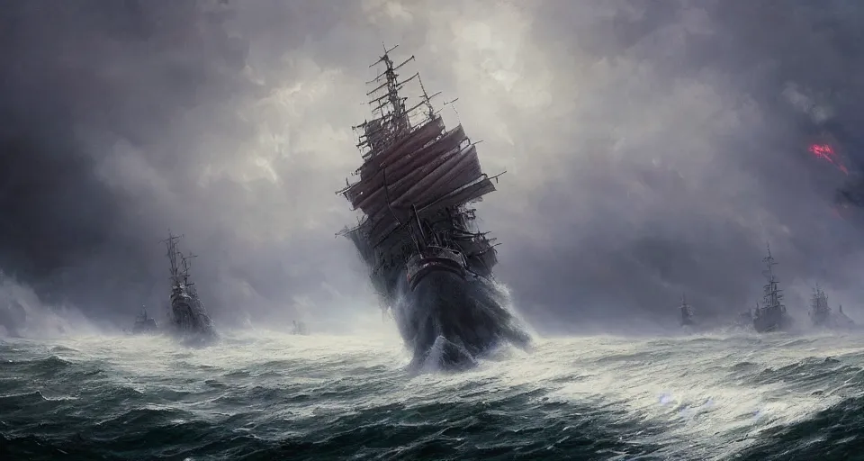 Image similar to giant enormous sailing battleship, raging sea foggy, dramatic, action scene, stormy background, shipfleet on the horizon, high detail, greg rutkowski, james gurney, gene wolfe, gustave dore, jesper ejsing, rhads, makoto shinkai, ilya kuvshinov