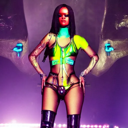 Prompt: rihanna as cyberpunk goddess in neon city