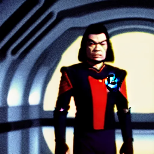 Prompt: a Klingon standing in a Star Trek Federation hallway