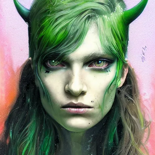 Image similar to a Demon Slayer portrait of Jamie Tovell, tall, pale-skinned, slender with lime green eyes and long eyelashes by Stanley Artgerm, Tom Bagshaw, Arthur Adams, Carne Griffiths, trending on Deviant Art, street art, face enhance, chillwave, maximalist, full of color, glittering