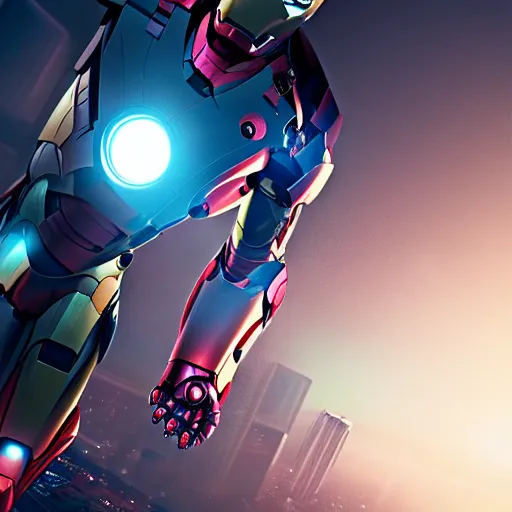 Prompt: A hyperdetailed photograph of Iron Man flying through the skies of a cyberpunk, futuristic city, night, dense fog, rain, HD, 8K resolution, unreal engine 5