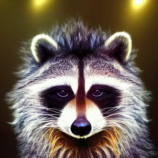 Image similar to portrait of a cute fluffy raccoon with long colorful flowing lion mane with mohawk hairstyle hybrid animal detailed painting 4 k