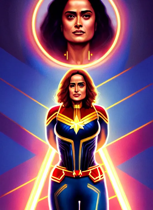 Image similar to salma hayek as captain marvel, intricate, elegant, glowing lights, highly detailed, digital painting, artstation, glamor pose, concept art, smooth, sharp focus, illustration, art by artgerm and greg rutkowski, artey freytag