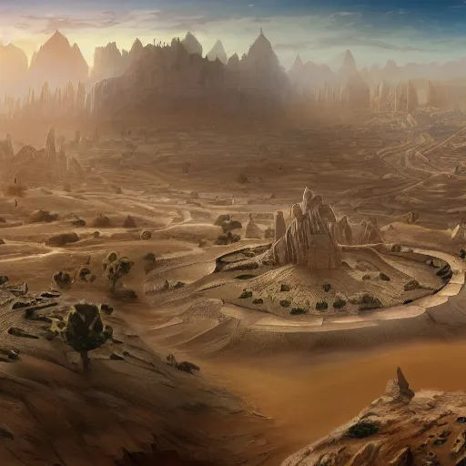 Image similar to highly detailed large kingdom in the desert, 8 k fantasy art, concept art illustration, sharp focus, intricate and smooth