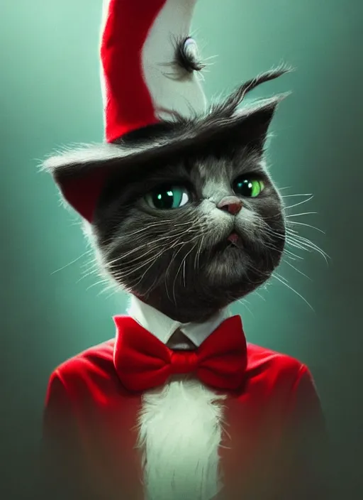 Image similar to complex 3 d render, hyper detailed, ultra sharp, of the cat in the hat, scary, comical, cinematic, natural soft light, rim light, octane render, artstation, art by artgerm and greg rutkowski and alberto seveso, dr seuss