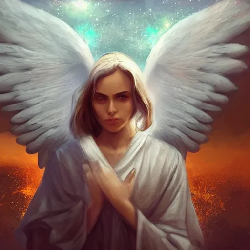 Image similar to an angel waiting in multiuniverse for another angel who is coming from parallel universe, realistic, concept art trending on artstation, golden ratio,