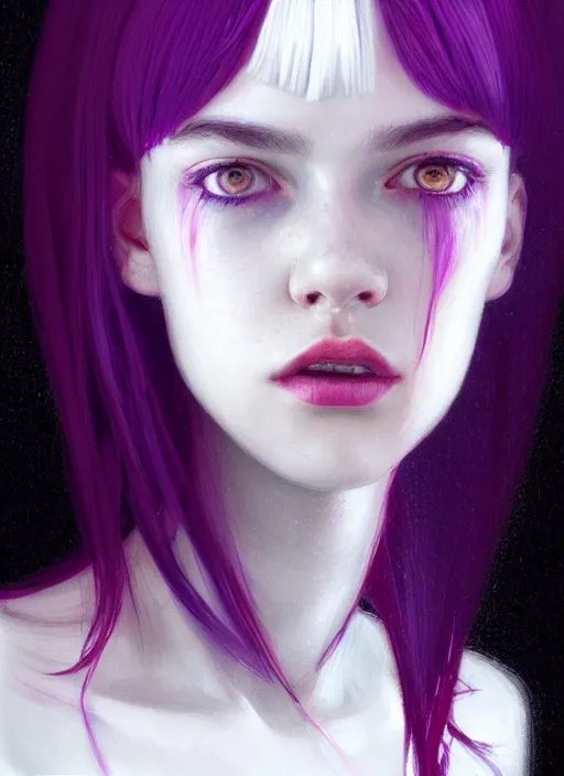 Image similar to portrait of teenage girl, red irises, bangs, black and white hair, white bangs, purple clothes, white bangs, two color hair, black hair and white bangs, intricate, elegant, glowing lights, highly detailed, digital painting, artstation, concept art, smooth, sharp focus, illustration, art by wlop, mars ravelo and greg rutkowski