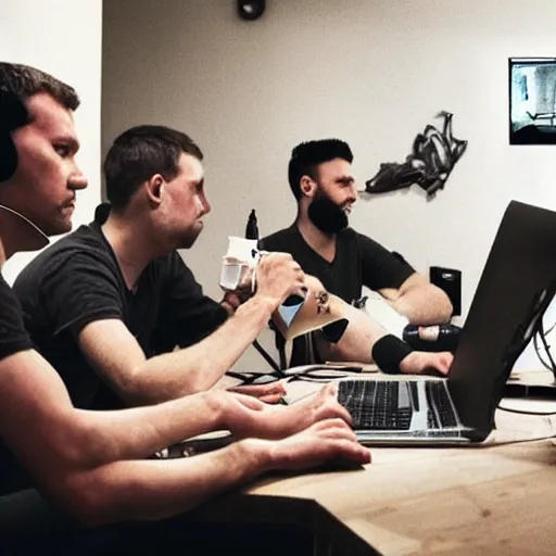 Image similar to photorealistic picture of 5 guys playing counter strike in small room in a team called okayboomers raging and drinking coffee, russia, diversity, grayscale, masterpiece