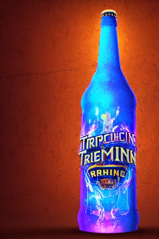 Image similar to advertise photo of a beer bottle, beer is called tripmachine, realistic digital art, label on the bottle is printed with a 3 d render of a huge futuristic steampunk generator, 8 k, fluorescent colors, halluzinogenic, multicolored, exaggerated detailed, unreal engine