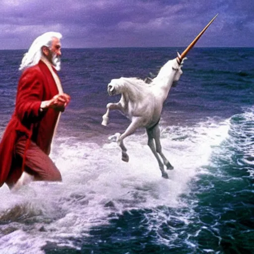 Image similar to christopher lee throwing a beautiful unicorn into the sea