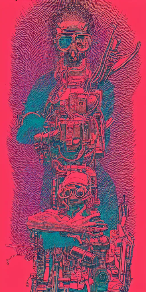 Prompt: detailed grainy risograph, demi human, vivid colors, cberpunk, by moebius and lehr paul and kim jung gi