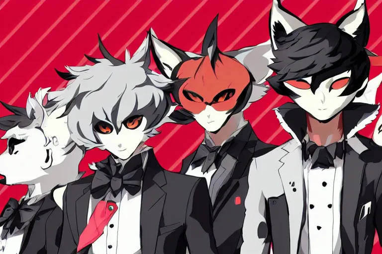 Image similar to a furry tan fox on a persona 5 : royal ( by atlus ) video game splash screen, a furry male sandcolored tan fox fursona ( has hair ), persona 5 phantom thief style